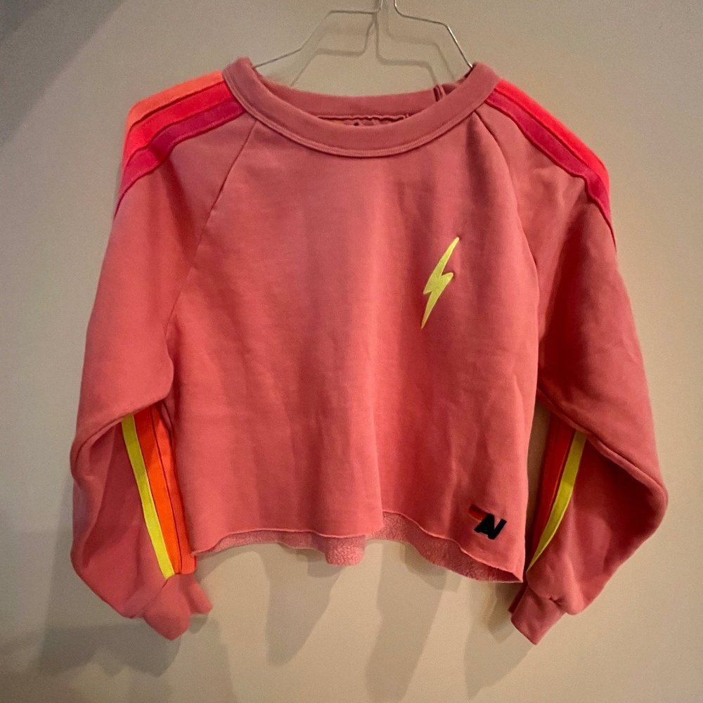 Aviator Nation Bolt classic cropped crew sweatshirt pink with neon stripes Small